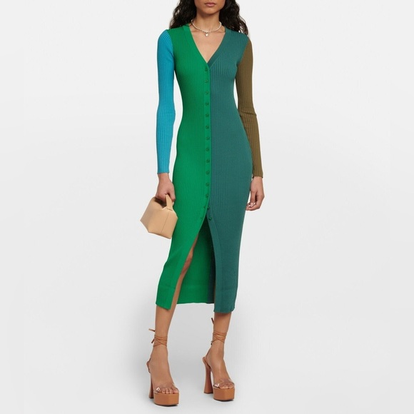 STAUD Dresses & Skirts - Staud Shoko Sweater Dress Fern Multi Green Colorblock Ribbed Duster Cardigan L
